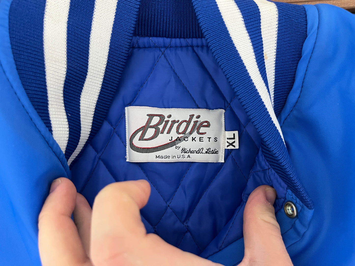 Larsen Auto Centers Graphic Varsity Jacket | Size X-Large | Vintage 1990s Blue Varsity Bomber Coat |