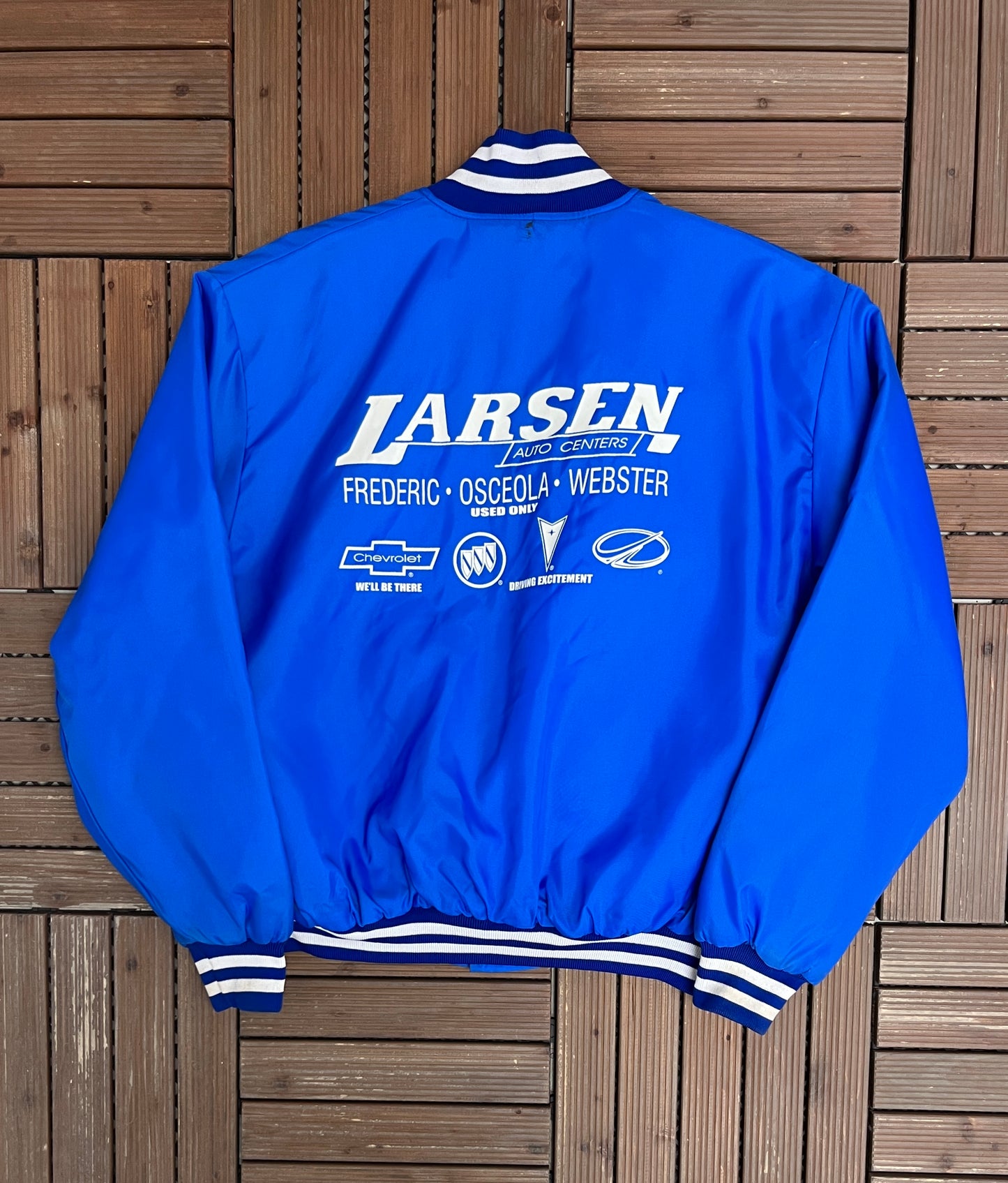 Larsen Auto Centers Graphic Varsity Jacket | Size X-Large | Vintage 1990s Blue Varsity Bomber Coat |
