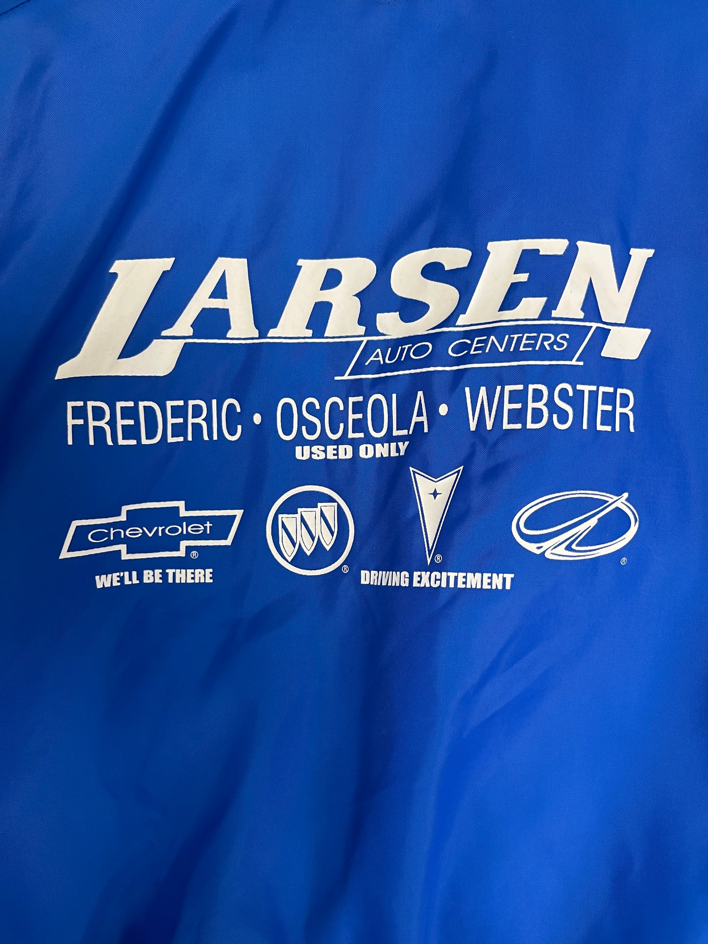 Larsen Auto Centers Graphic Varsity Jacket | Size X-Large | Vintage 1990s Blue Varsity Bomber Coat |