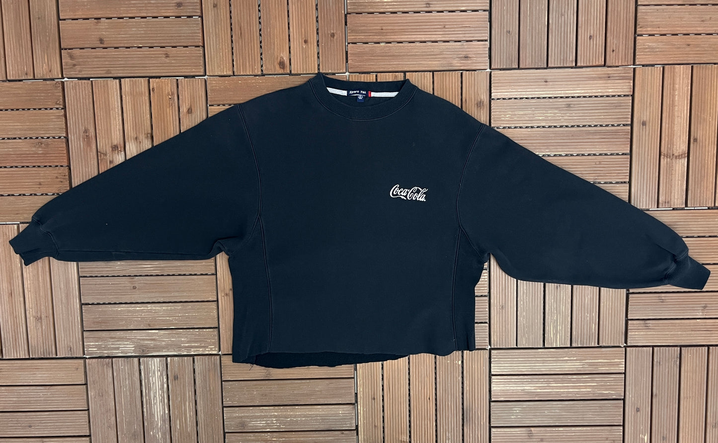 Coca-Cola Embroidered Graphic Crewneck | Size Large | Vintage 1990s Promotional Black Sweater |