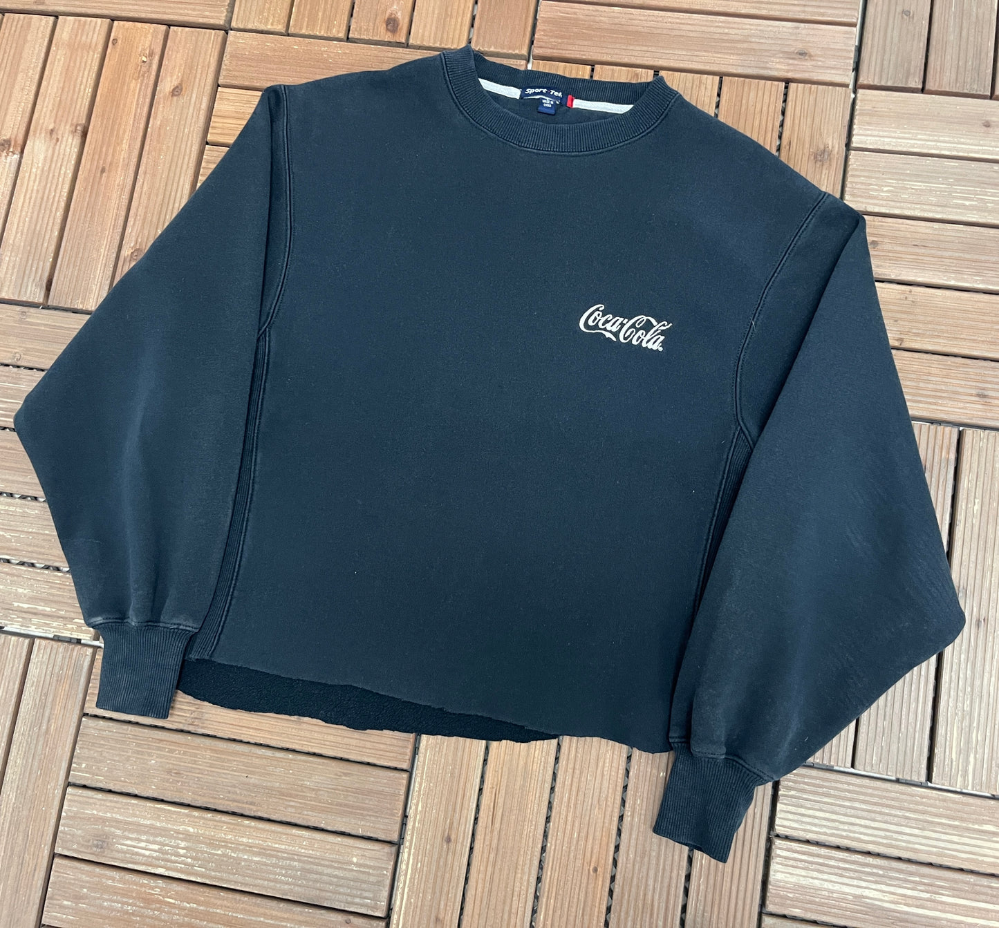 Coca-Cola Embroidered Graphic Crewneck | Size Large | Vintage 1990s Promotional Black Sweater |