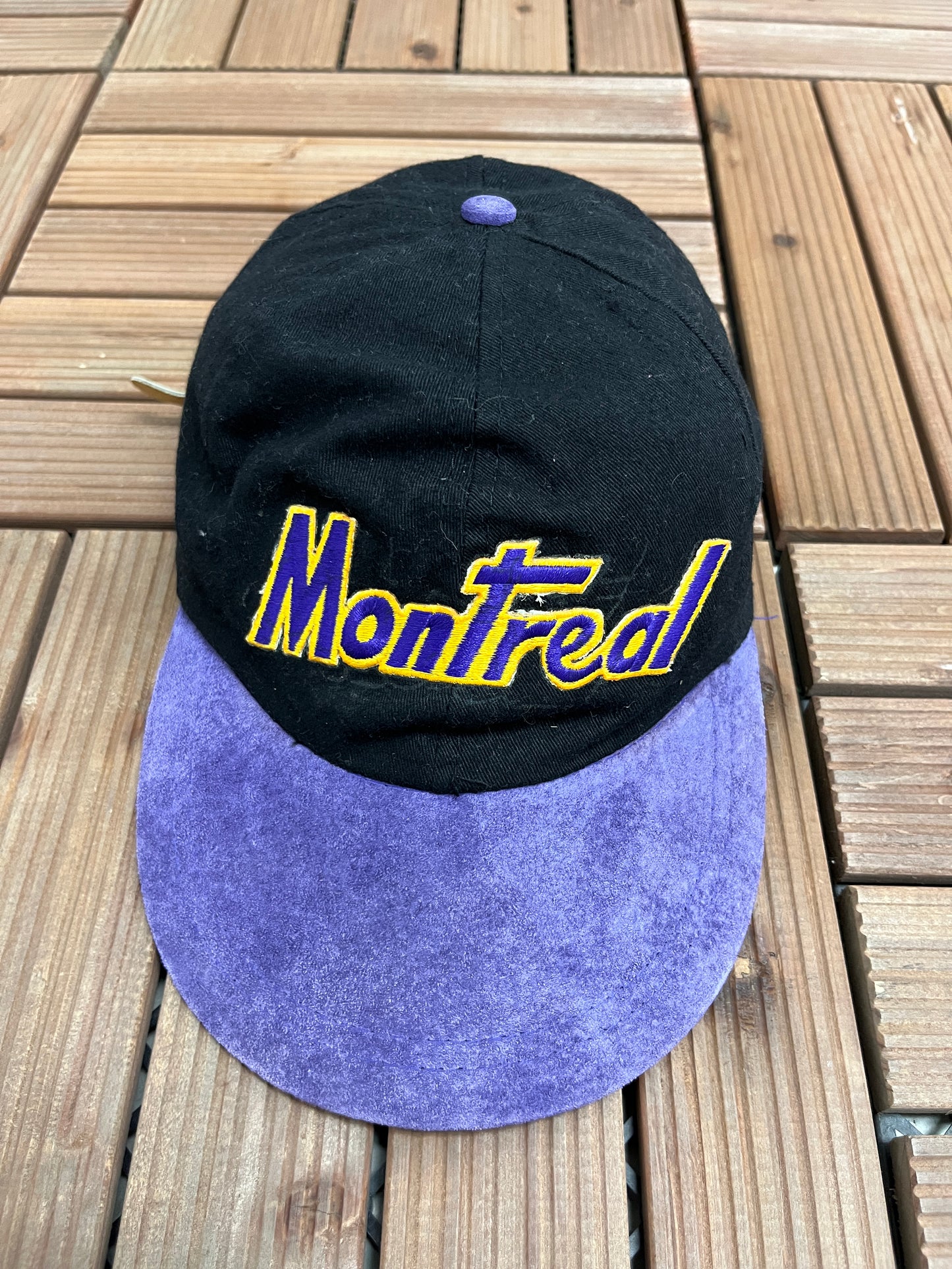 Montreal Embroidered Graphic Hat | Leather Strap Back | Vintage 1990s Tourist Black Cap |