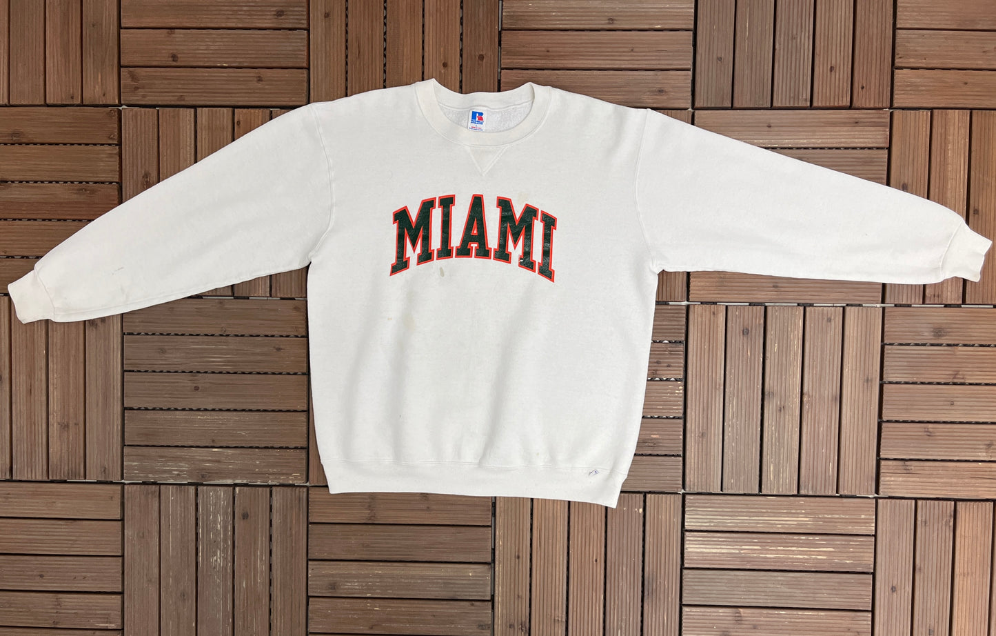 Miami Hurricanes Graphic Crewneck | Size Large | Vintage 1990s Russell Athletic College Sports White Sweater |