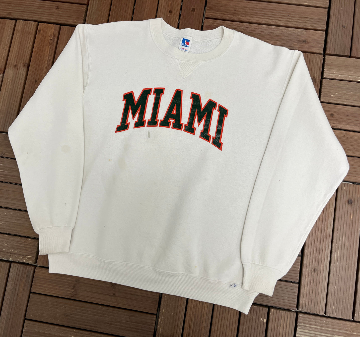 Miami Hurricanes Graphic Crewneck | Size Large | Vintage 1990s Russell Athletic College Sports White Sweater |