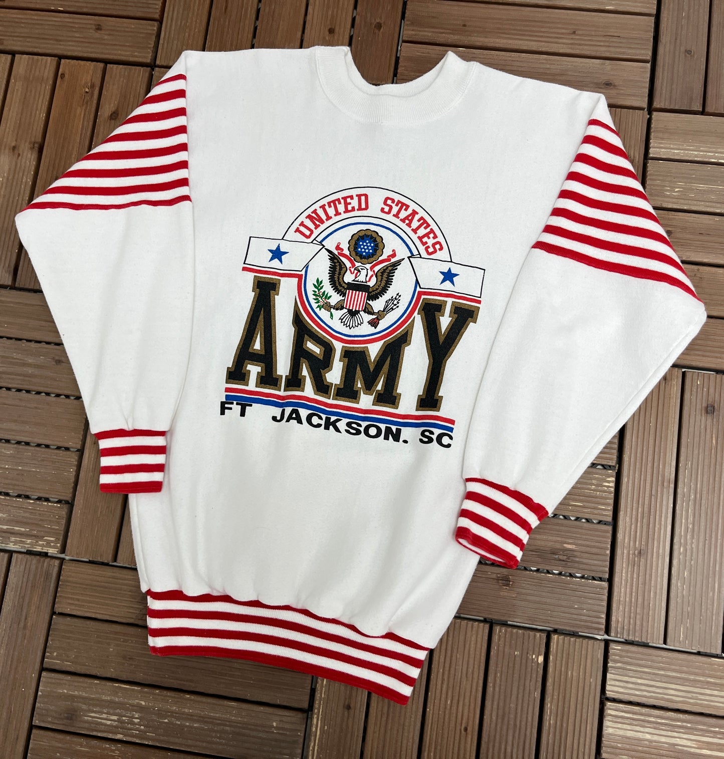 United States Army Graphic Crewneck | Size Medium | Vintage 1990s Made in USA White Sweater |