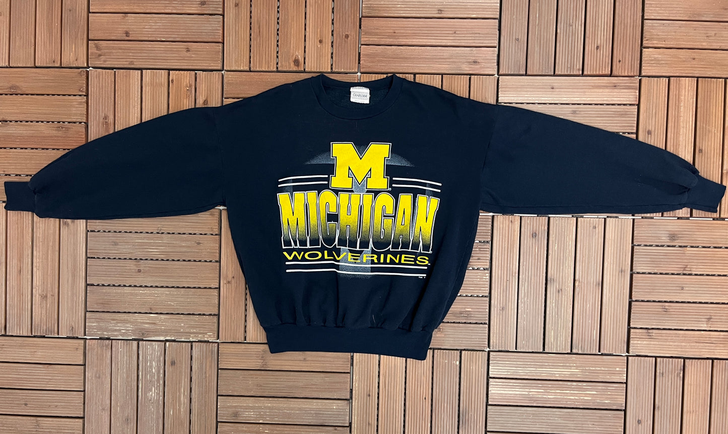 Michigan Wolverines Graphic Crewneck | Size Medium | Vintage 1990s College Sports Blue Sweater |