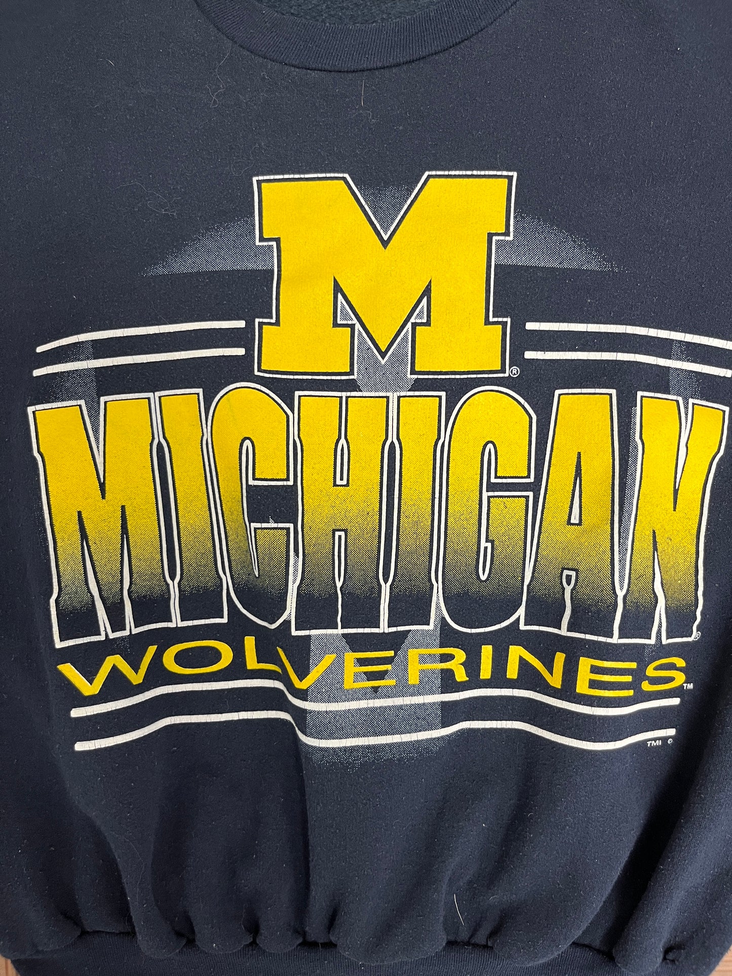Michigan Wolverines Graphic Crewneck | Size Medium | Vintage 1990s College Sports Blue Sweater |