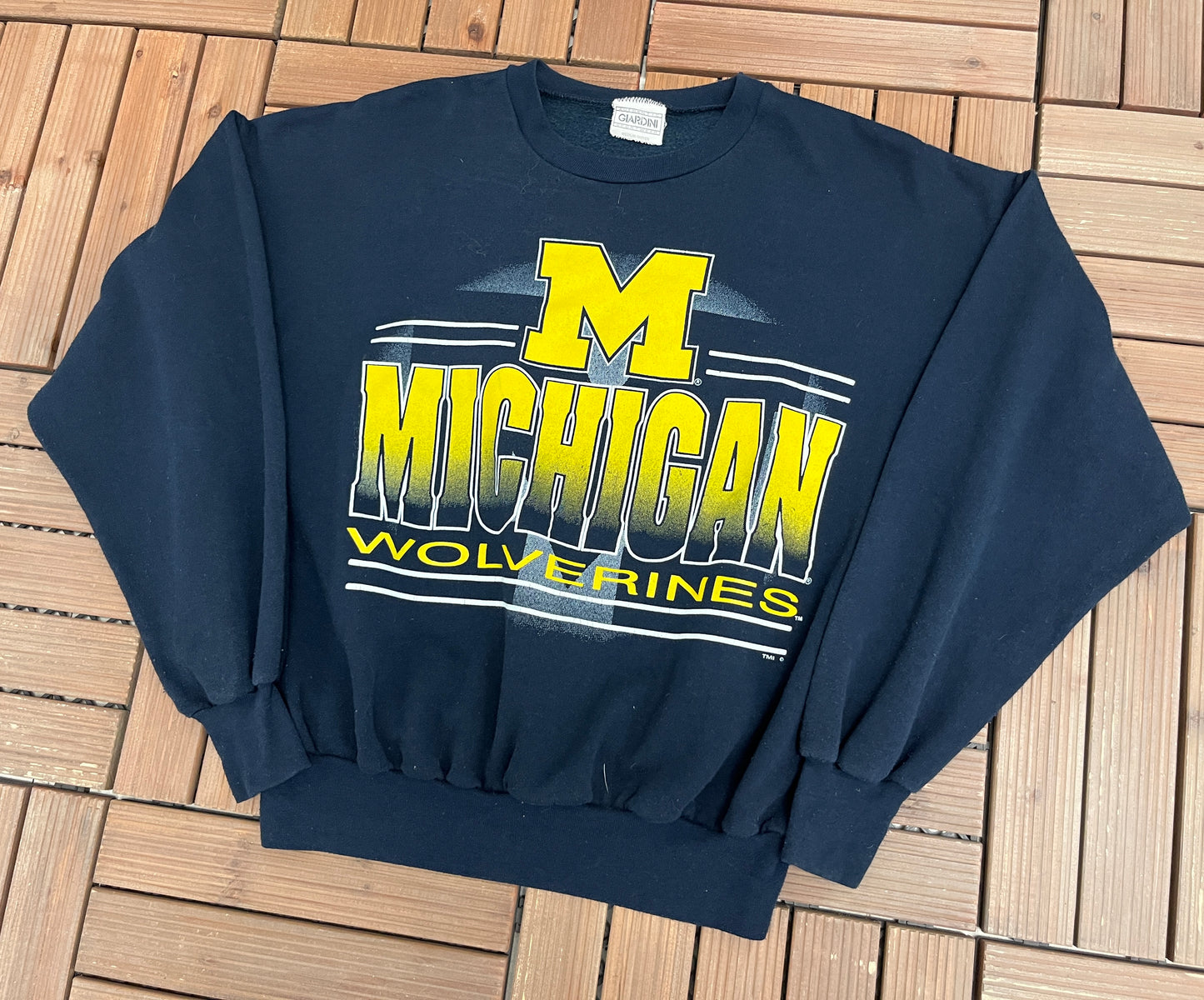 Michigan Wolverines Graphic Crewneck | Size Medium | Vintage 1990s College Sports Blue Sweater |