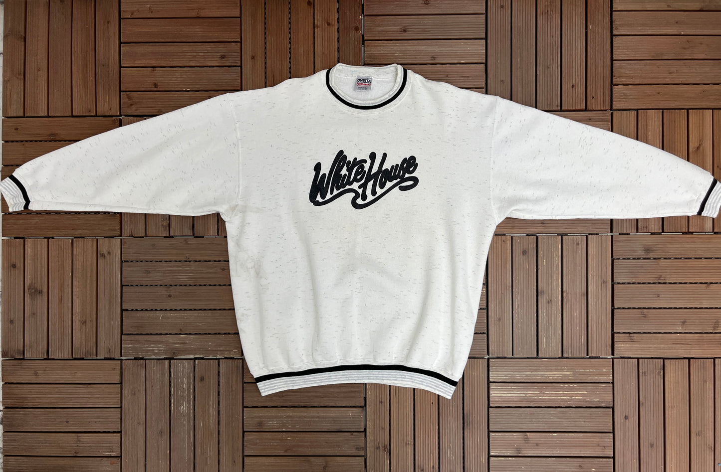 White House Graphic Crewneck | Size XX-Large | Vintage 1990s Promotional Speckled White Sweater |