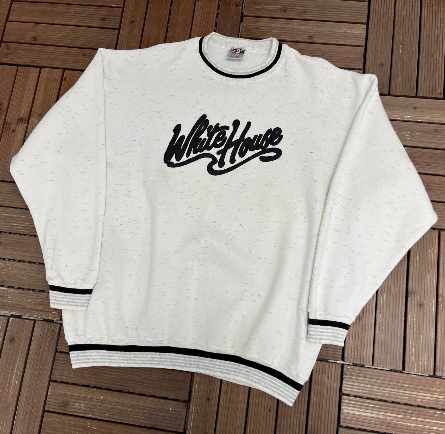 White House Graphic Crewneck | Size XX-Large | Vintage 1990s Promotional Speckled White Sweater |