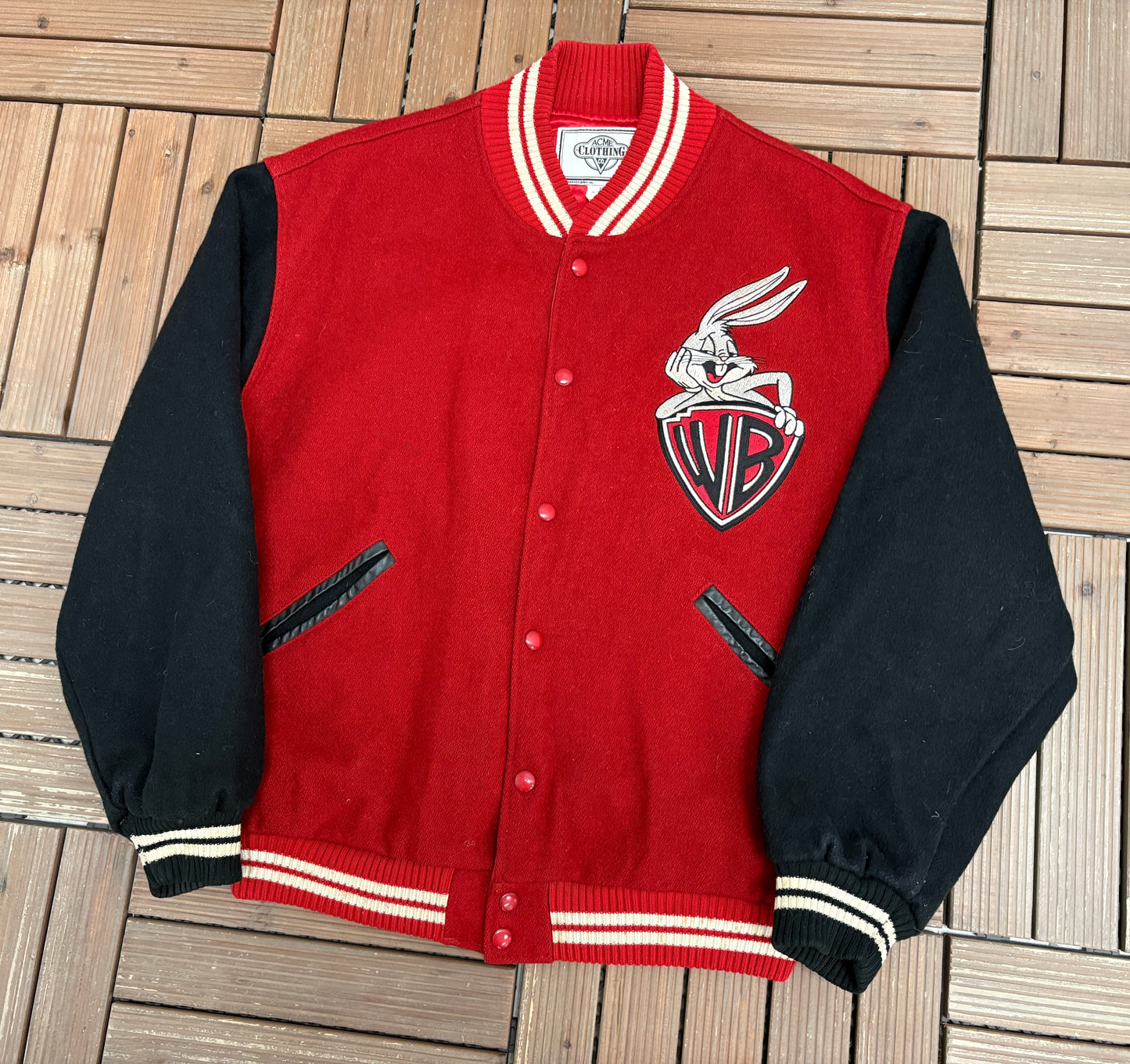 Bugs Bunny Warner Bros Graphic Jacket | Size Large | Vintage 1990s Varsity Red Jacket |