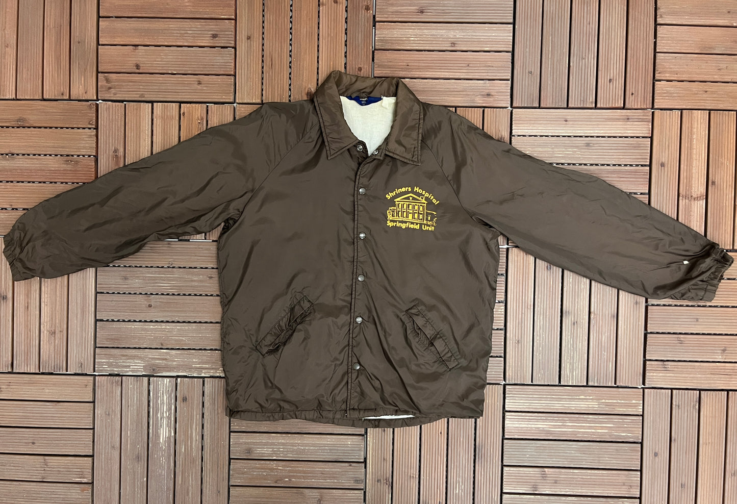 Shriners Hospital Springfield Unit Graphic Jacket | Size Large | Vintage 1990s Brown Promotional Coat |