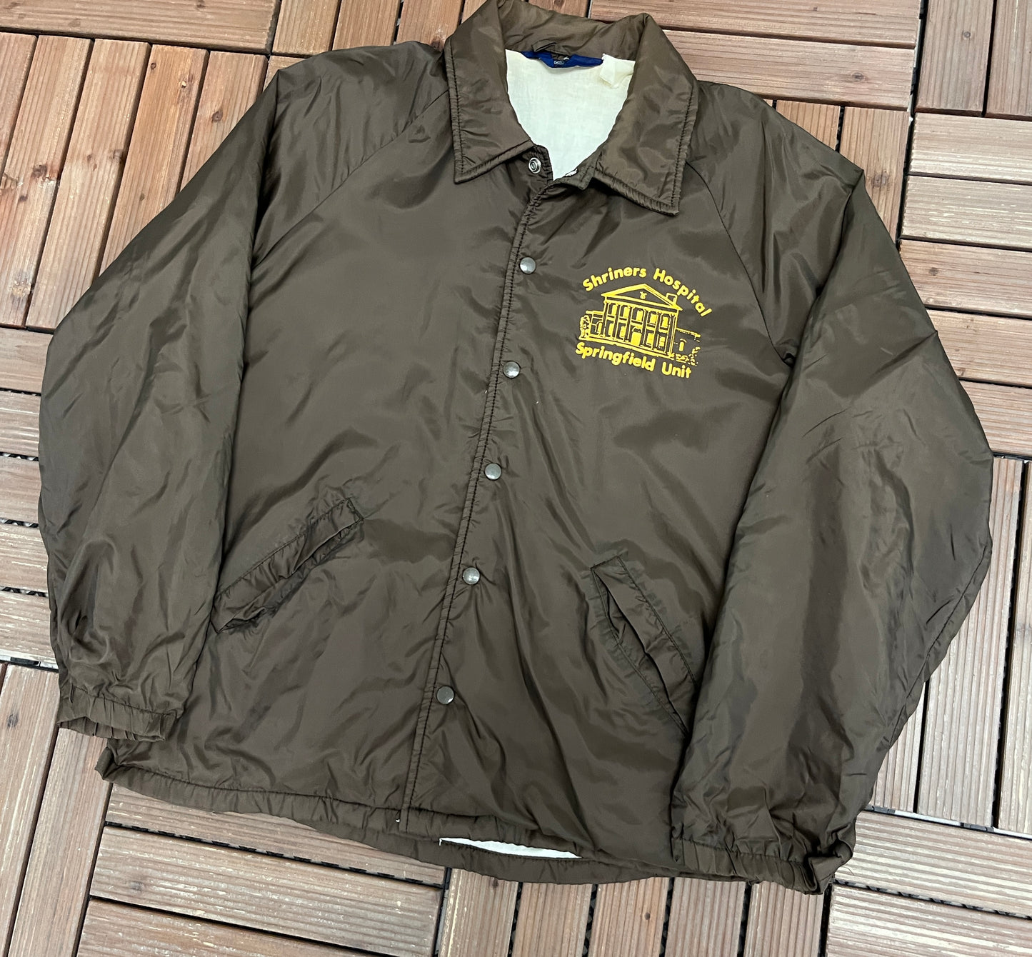 Shriners Hospital Springfield Unit Graphic Jacket | Size Large | Vintage 1990s Brown Promotional Coat |