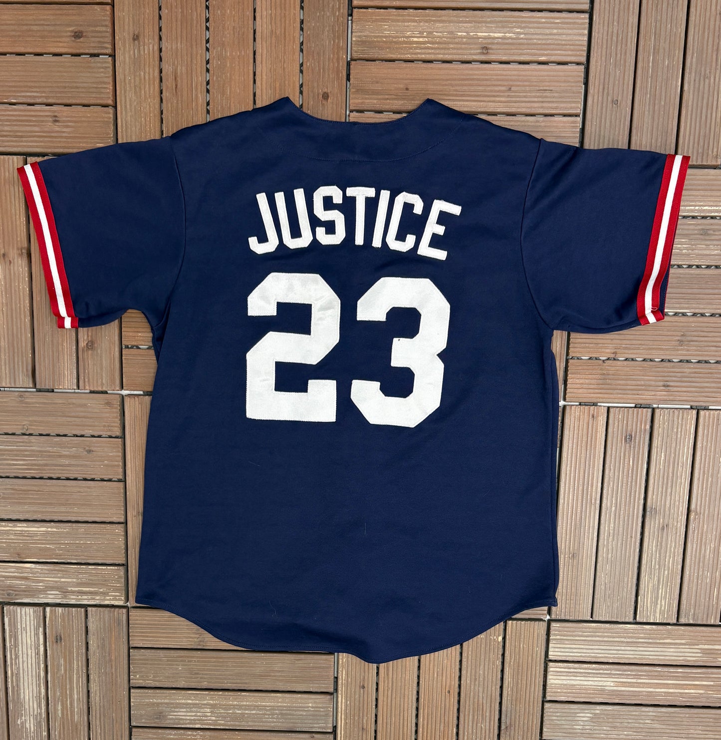 Atlanta Braves David Justice Baseball Jersey | Size Medium | Vintage 1990s MLB Baseball Blue Jersey |