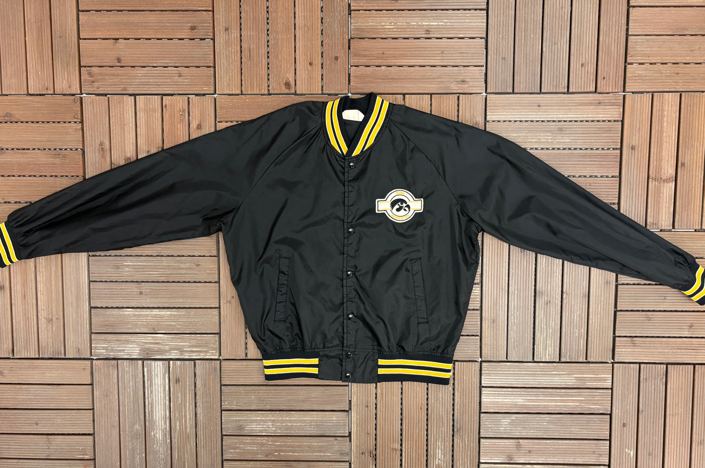 Iowa Hawkeyes Stitched Graphic Jacket | Size Large | Vintage 1980s College Black Jacket |