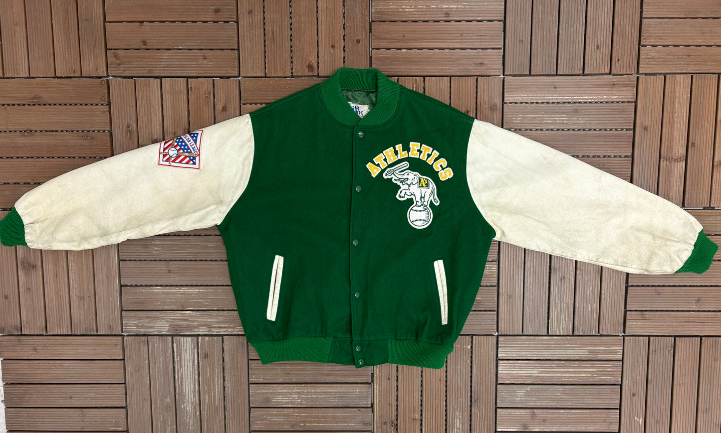 Oakland Athletics Stitched Varsity Jacket | Size X-Large | Vintage 1980s MLB Baseball Green Jacket |