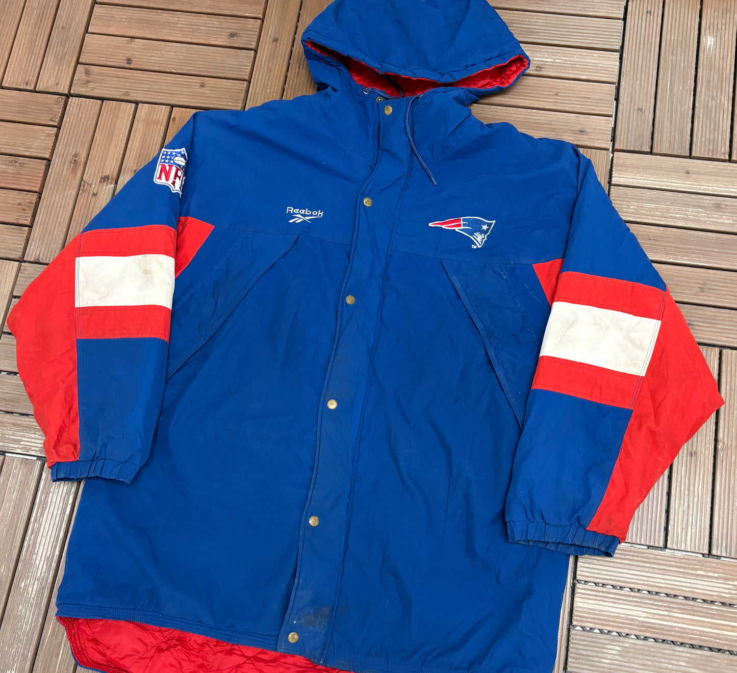 New England Patriots Puffer Jacket | Size X-Large | Vintage 1990s NFL Football Blue Reebok Jacket |