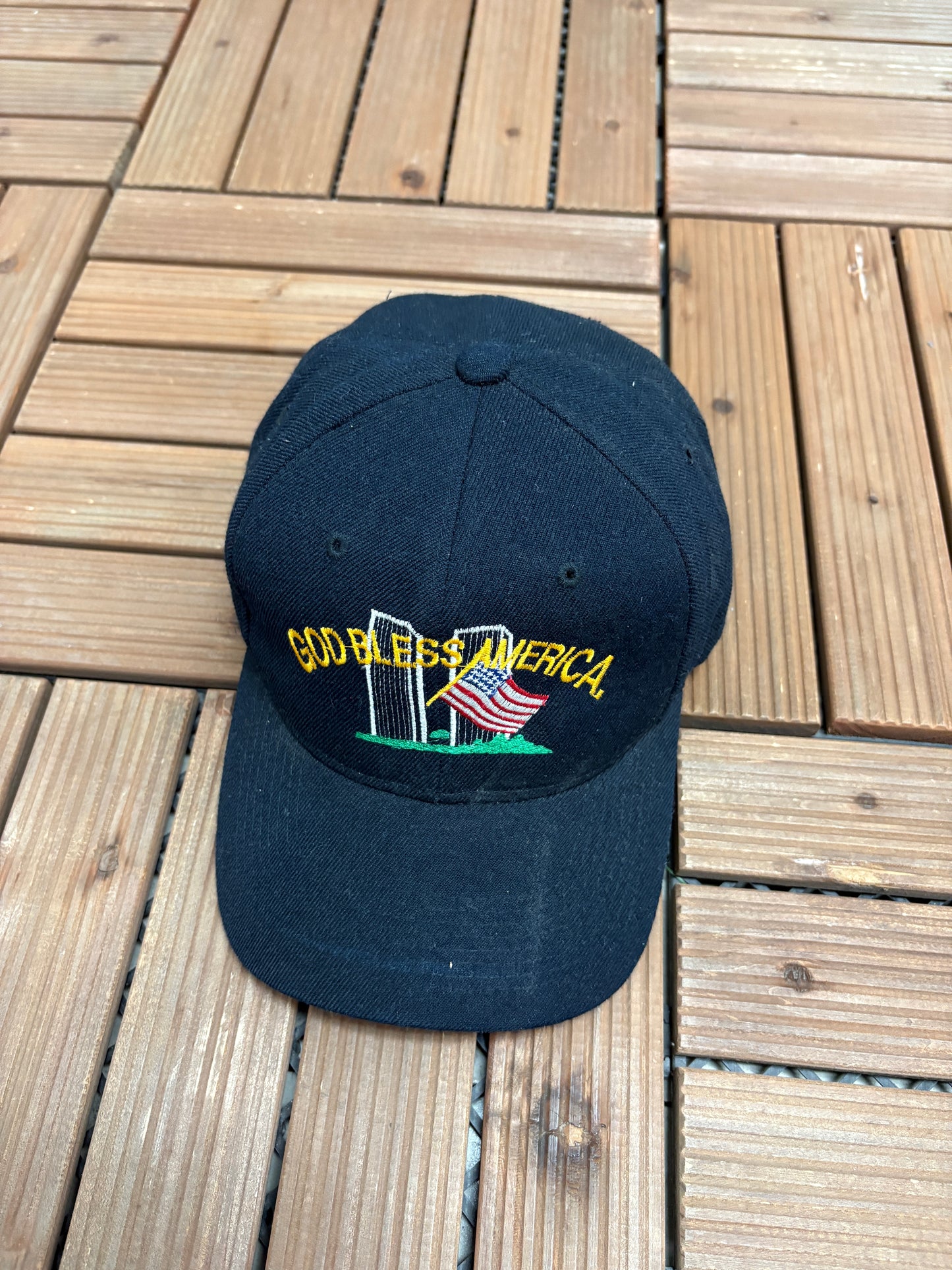 God Bless America Twin Towers Graphic Hat | Strap Back | Vintage 2000s Black Cap |