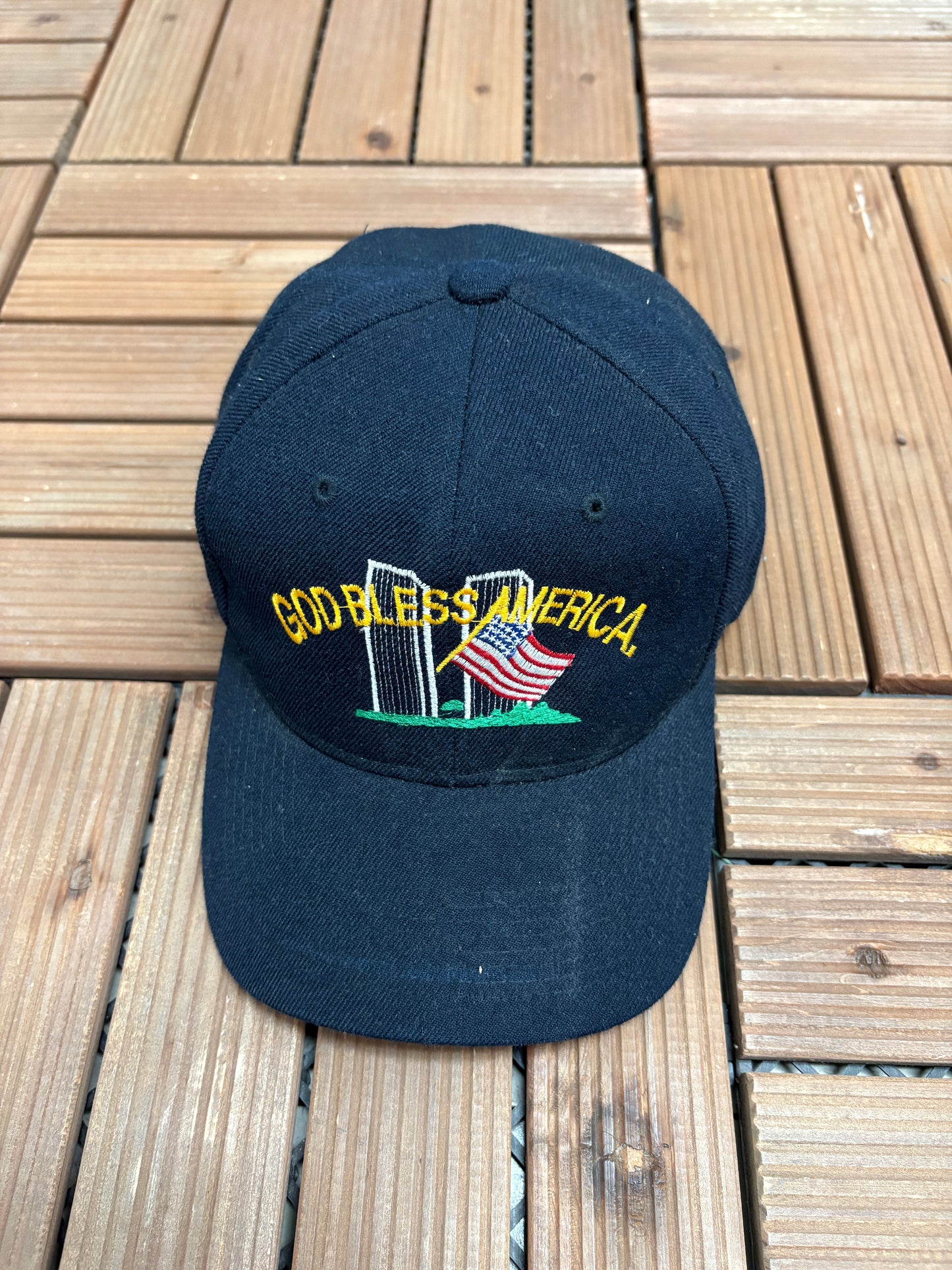 God Bless America Twin Towers Graphic Hat | Strap Back | Vintage 2000s Black Cap |