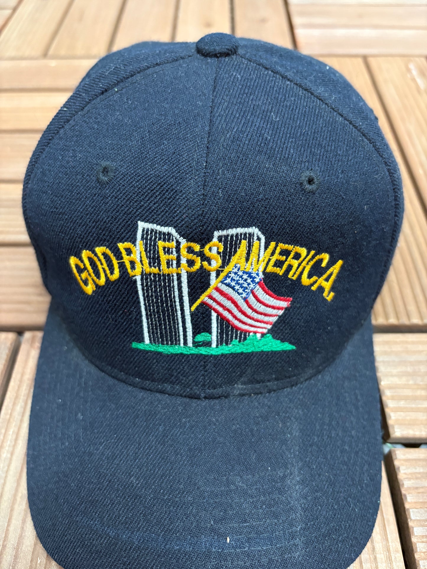 God Bless America Twin Towers Graphic Hat | Strap Back | Vintage 2000s Black Cap |