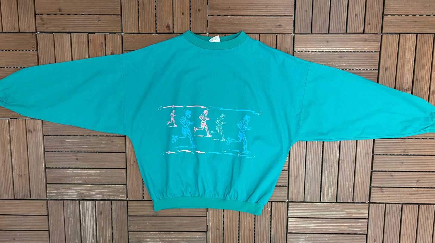 Cross Country Running Graphic Crewneck | Size Large | Vintage 1990s Teal Promotional Sweater |