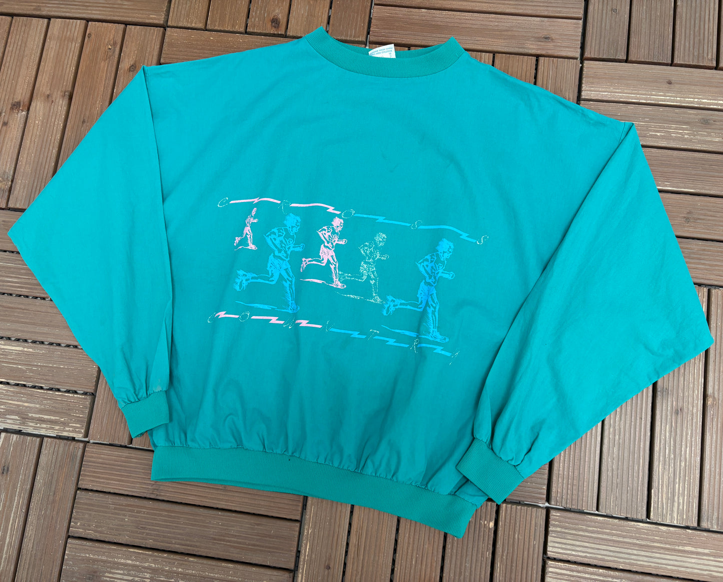 Cross Country Running Graphic Crewneck | Size Large | Vintage 1990s Teal Promotional Sweater |