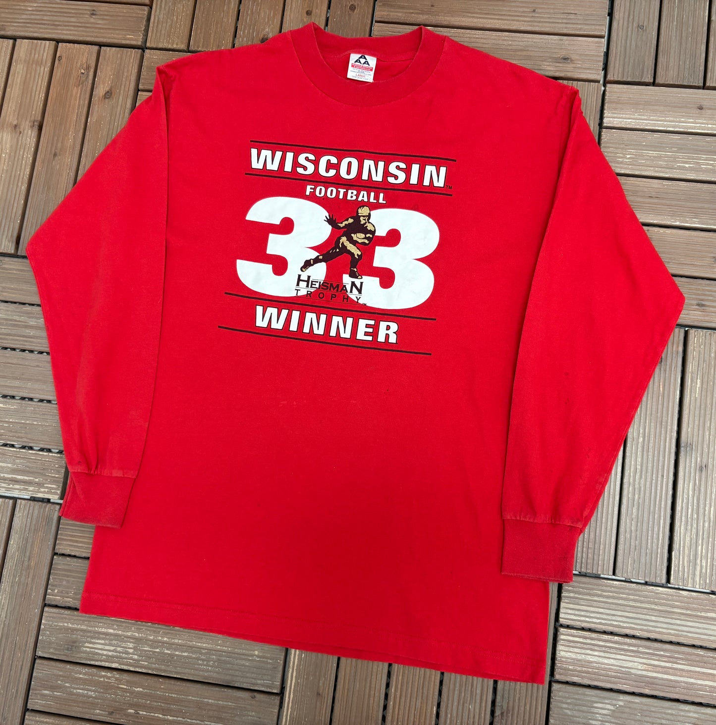 Wisconsin Badgers Ron Dayne Heisman Graphic Tee | Size Large | Vintage 1990s College Red Long Sleeve |