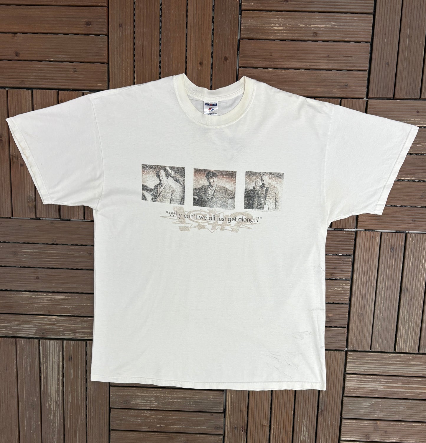 The Three Stooges Why Can't We All Just Get Along? Graphic Tee | Size X-Large | Vintage 2000s Promotional White T-Shirt |