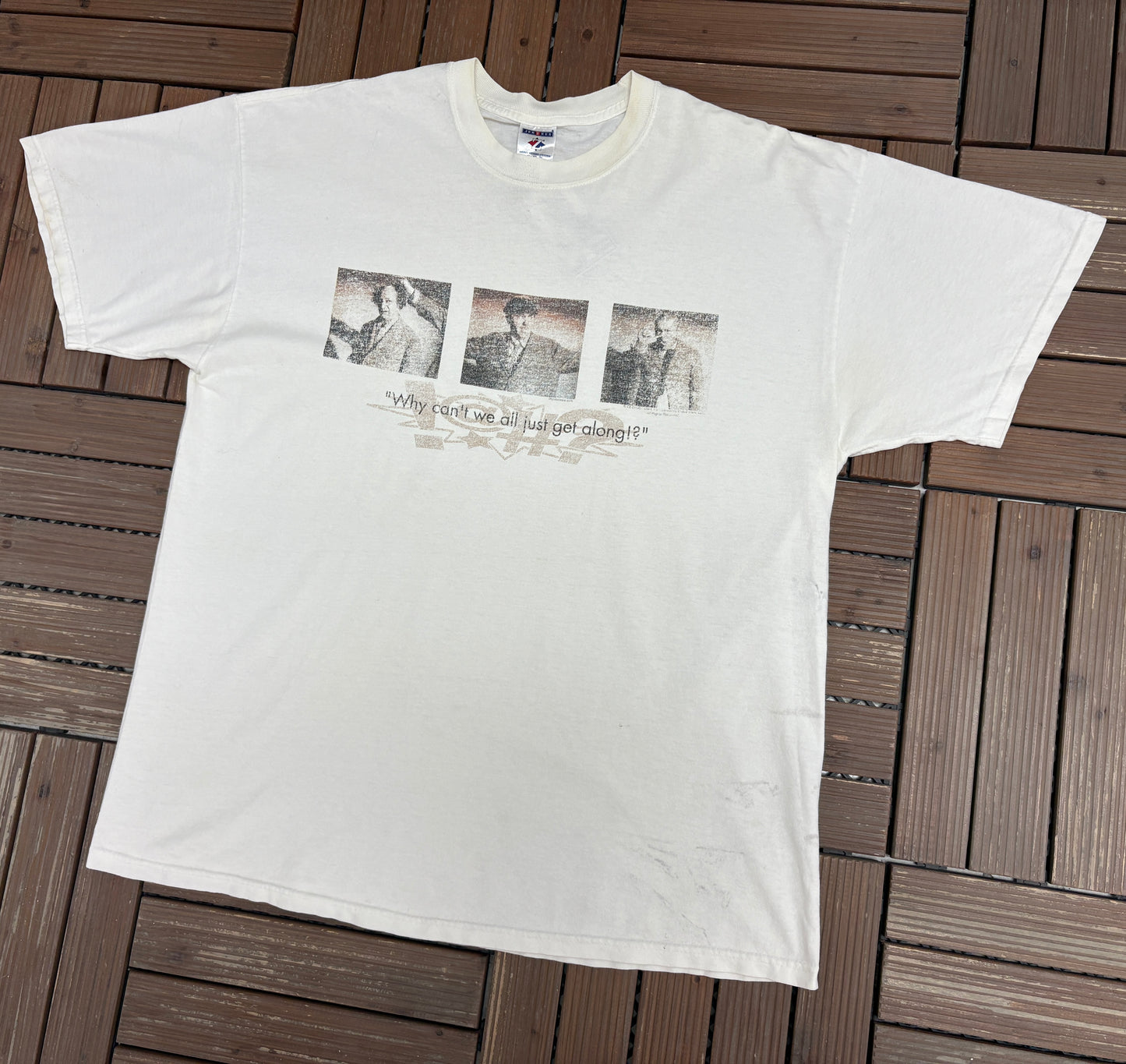 The Three Stooges Why Can't We All Just Get Along? Graphic Tee | Size X-Large | Vintage 2000s Promotional White T-Shirt |