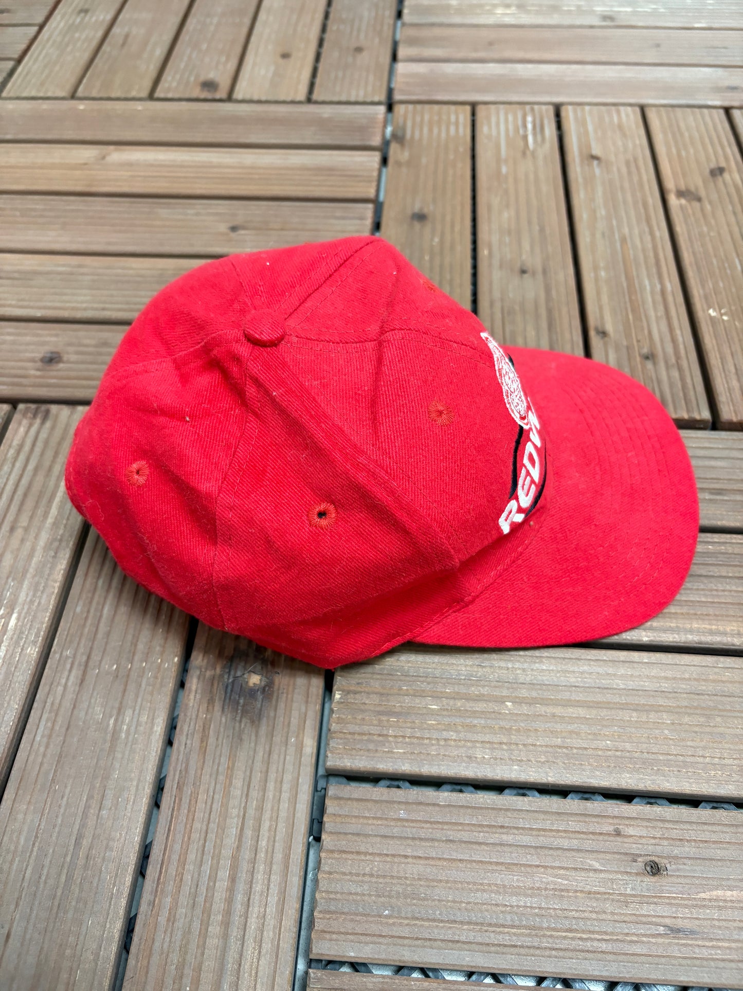 Detroit Red Wings Embroidered Graphic Hat | Strap Back | Vintage 1990s Logo 7 NHL Hockey Red Cap |