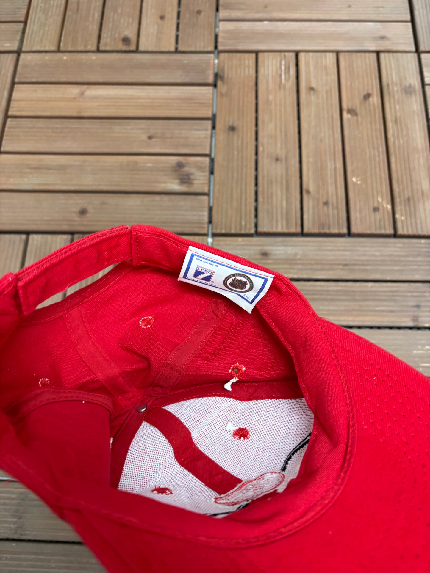 Detroit Red Wings Embroidered Graphic Hat | Strap Back | Vintage 1990s Logo 7 NHL Hockey Red Cap |