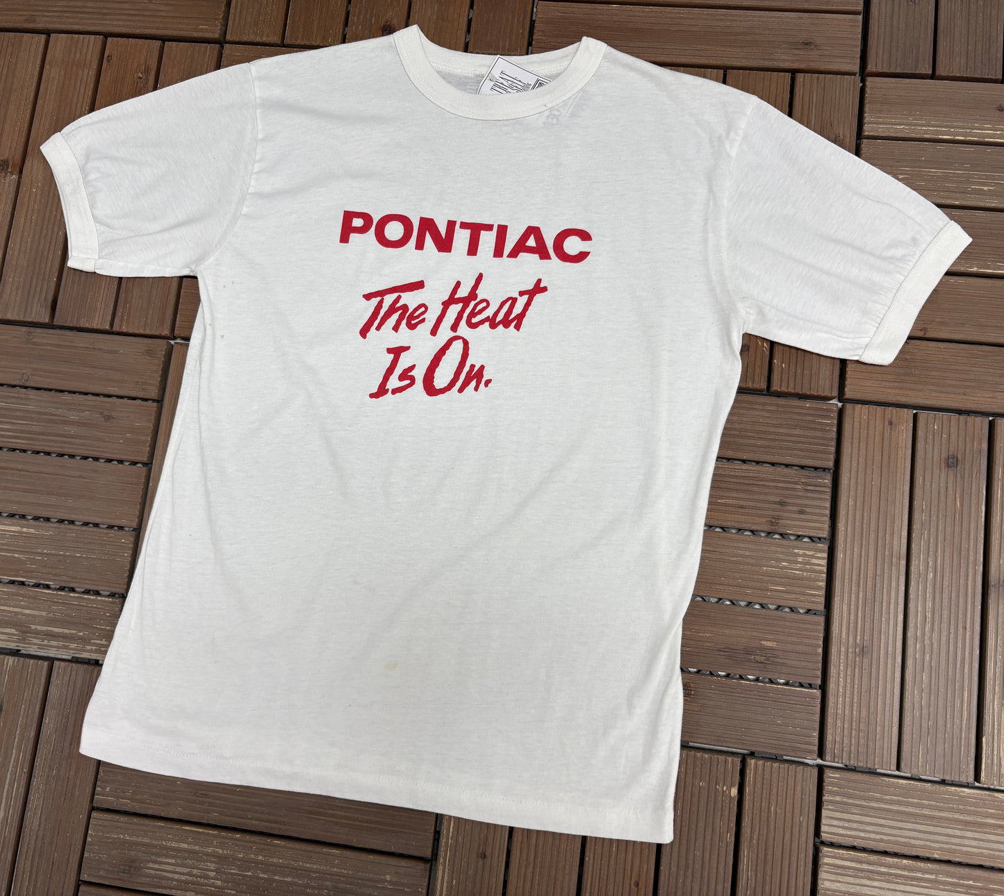 Pontiac The Heat Is On Graphic Tee | Size Large | Vintage 1980s Car Promotional White T-Shirt |