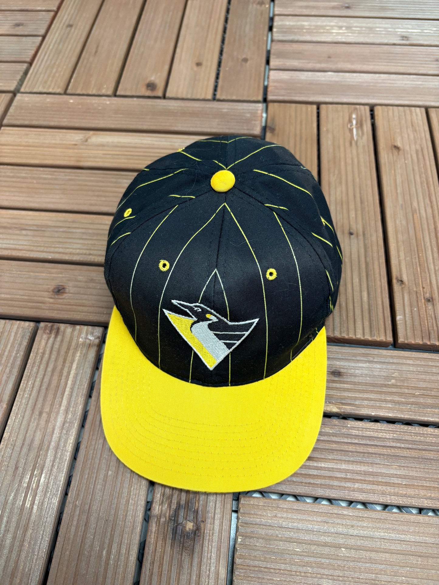 Pittsburgh Penguins Pinstripe Graphic Hat | Snap Back | Vintage 1990s NHL Hockey Black Cap |