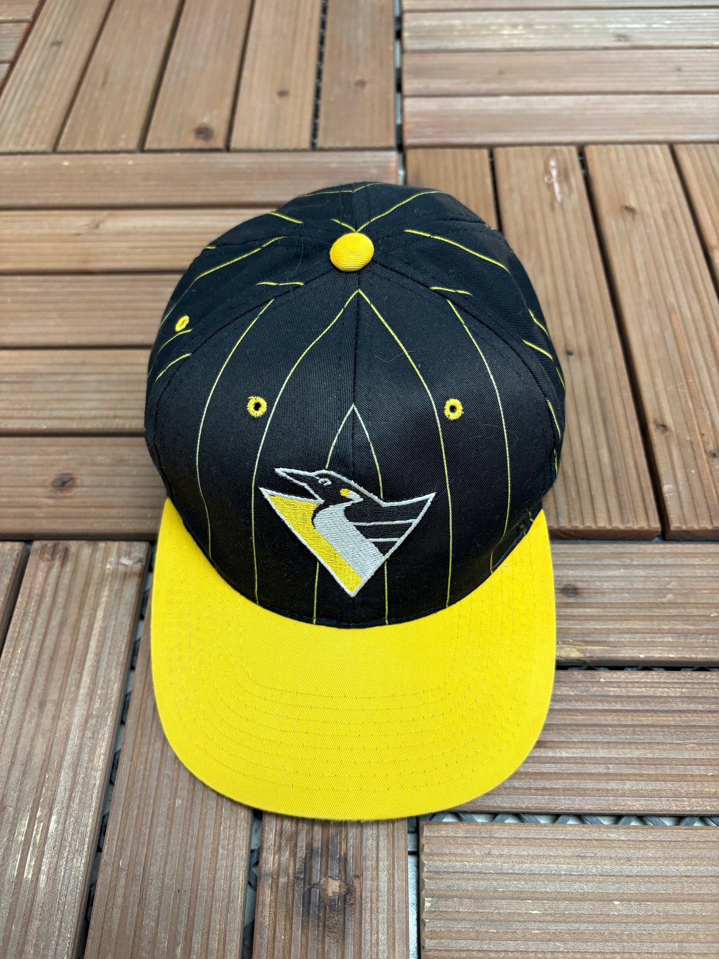 Pittsburgh Penguins Pinstripe Graphic Hat | Snap Back | Vintage 1990s NHL Hockey Black Cap |