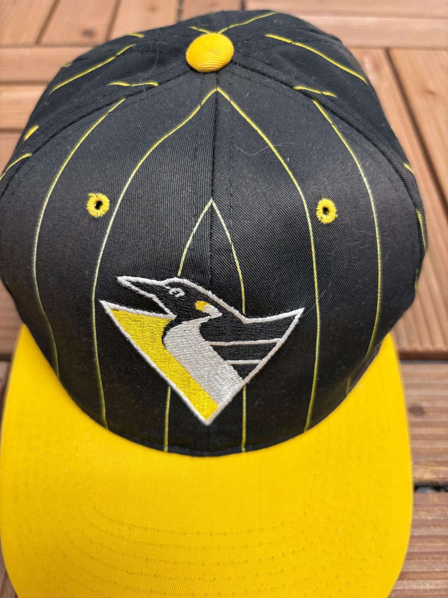 Pittsburgh Penguins Pinstripe Graphic Hat | Snap Back | Vintage 1990s NHL Hockey Black Cap |