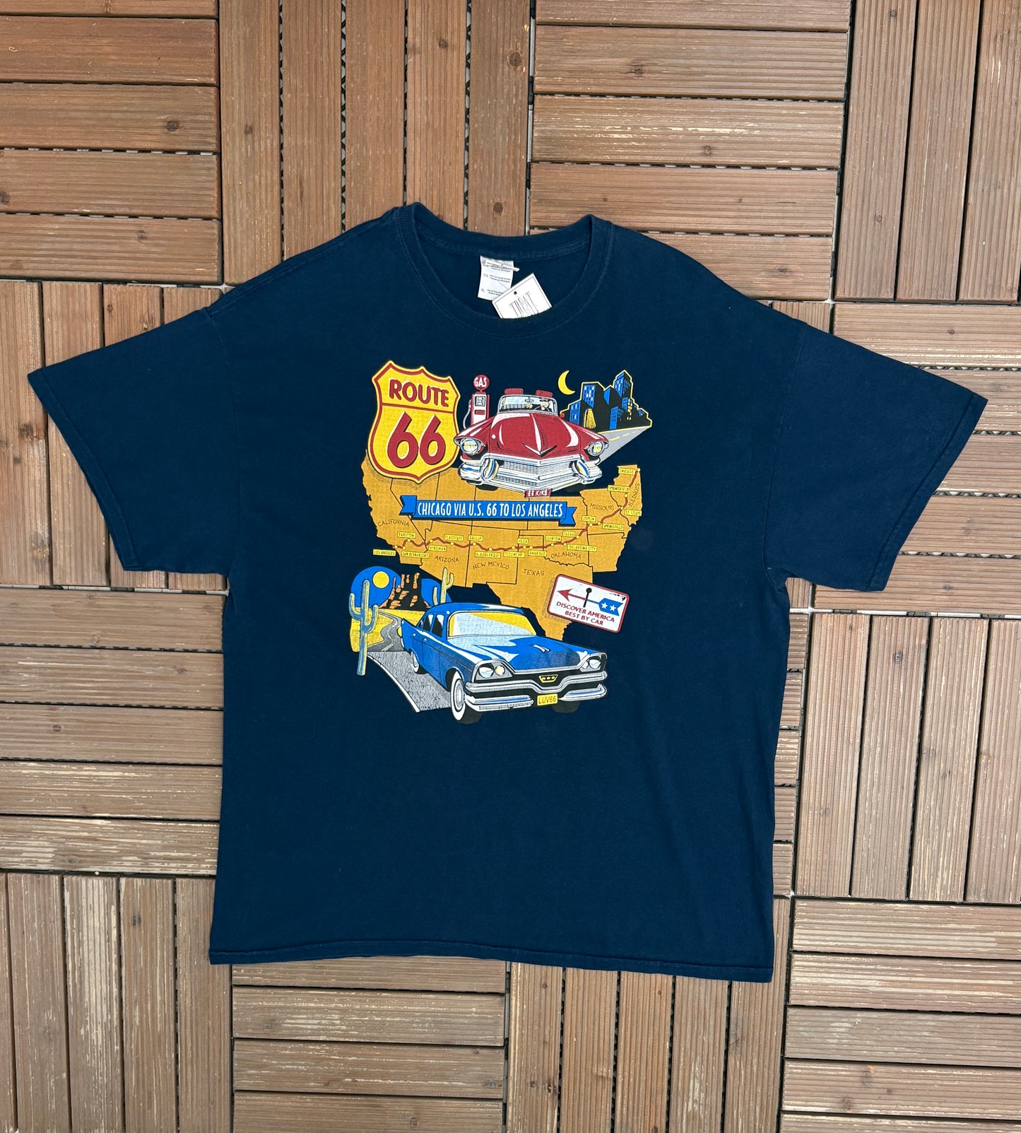 Route 66 Discover America Best By Car Graphic Tee | Size X-Large | Vintage 2000s Promotional Blue T-Shirt |