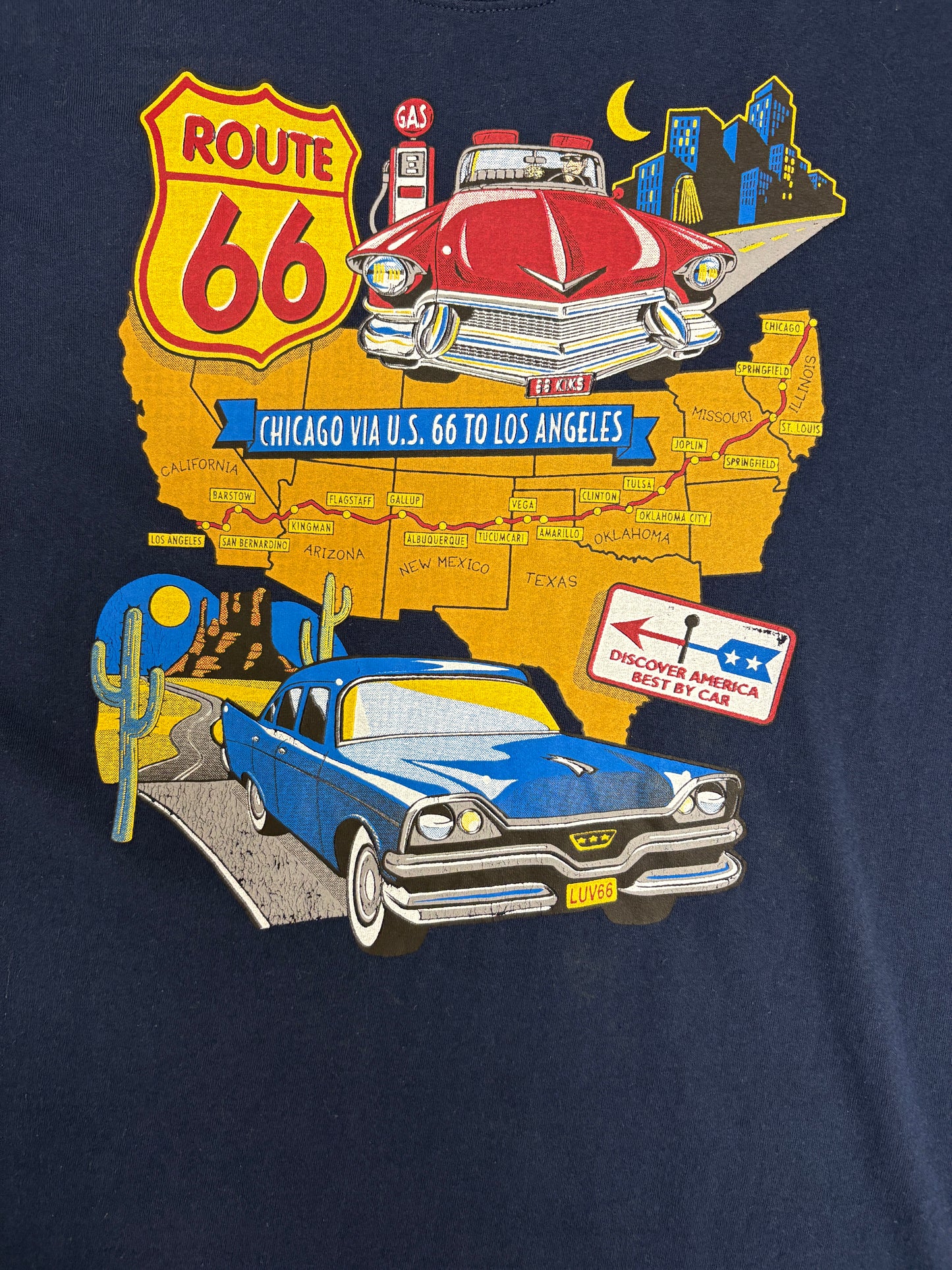 Route 66 Discover America Best By Car Graphic Tee | Size X-Large | Vintage 2000s Promotional Blue T-Shirt |