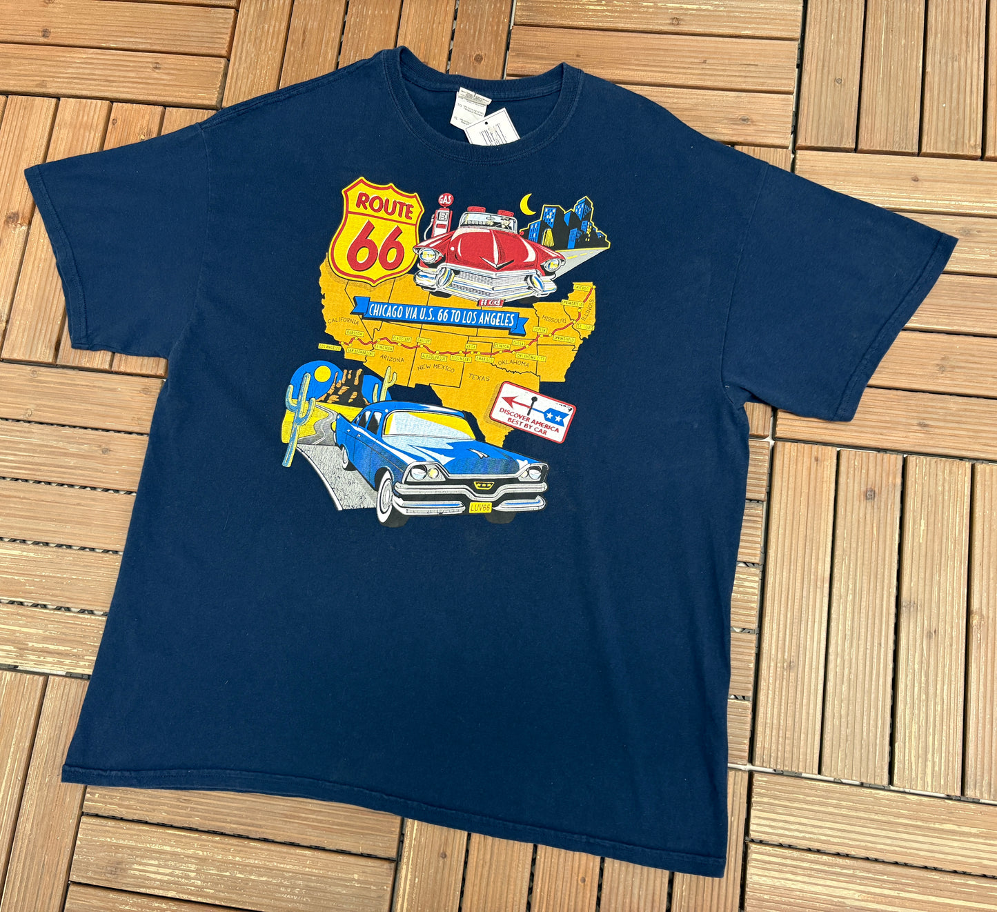 Route 66 Discover America Best By Car Graphic Tee | Size X-Large | Vintage 2000s Promotional Blue T-Shirt |