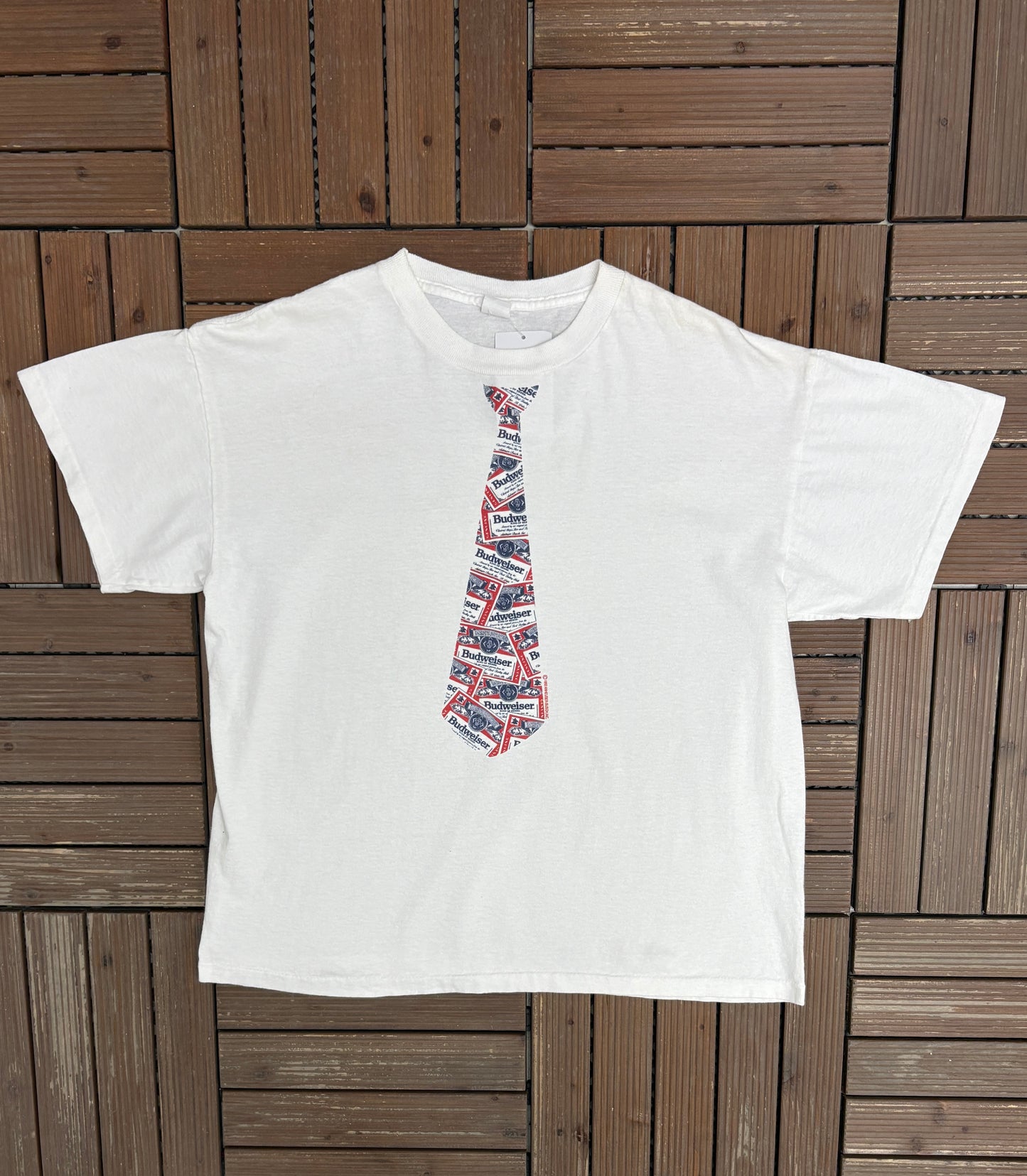 Budweiser King Of Beers Tie Graphic Tee | Size X-Large | Vintage 1990s Promotional White T-Shirt |
