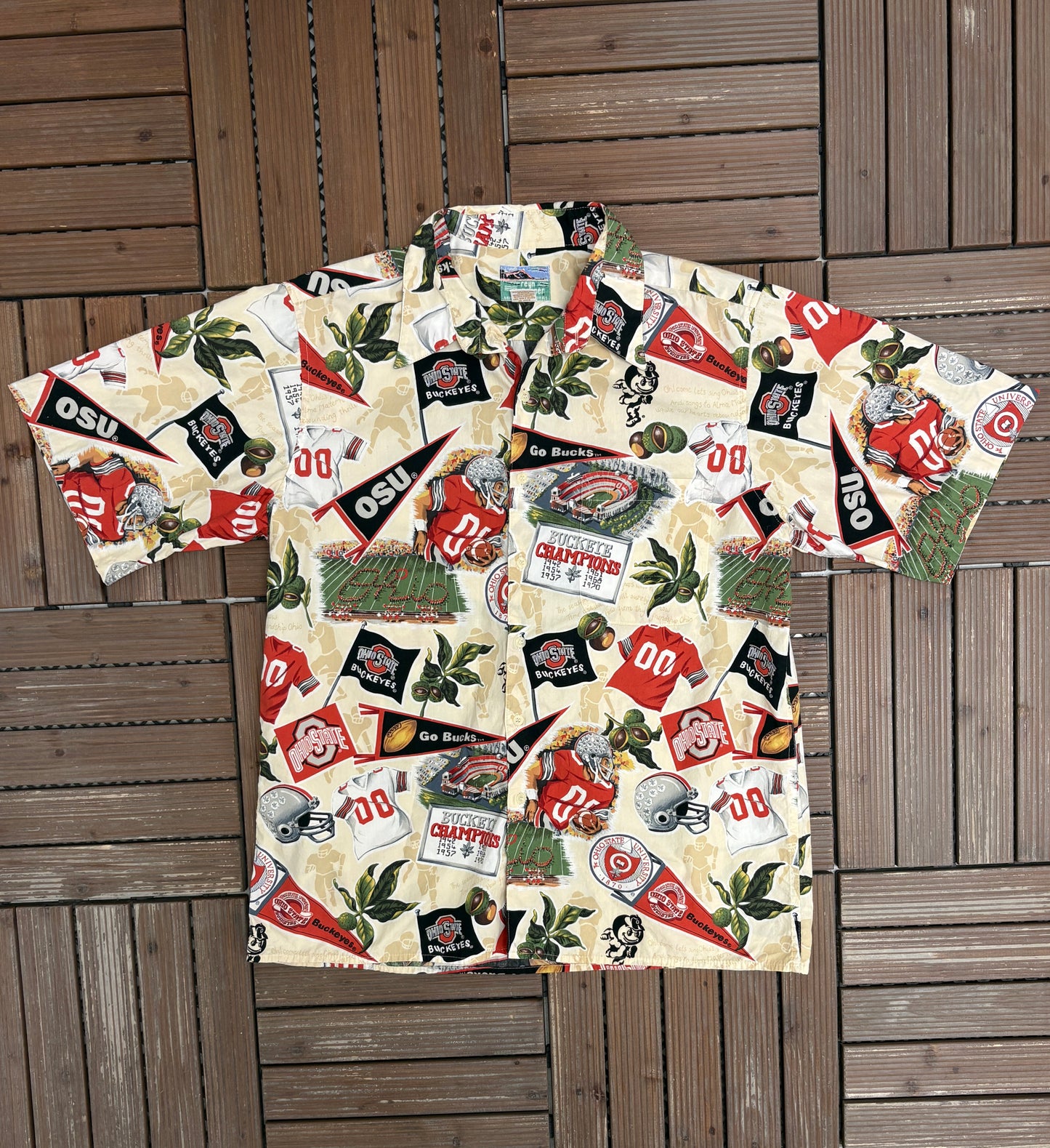 Ohio State Buckeyes Graphic Hawaiian Shirt | Size Large | Vintage 1990s College Hawaiian Shirt |