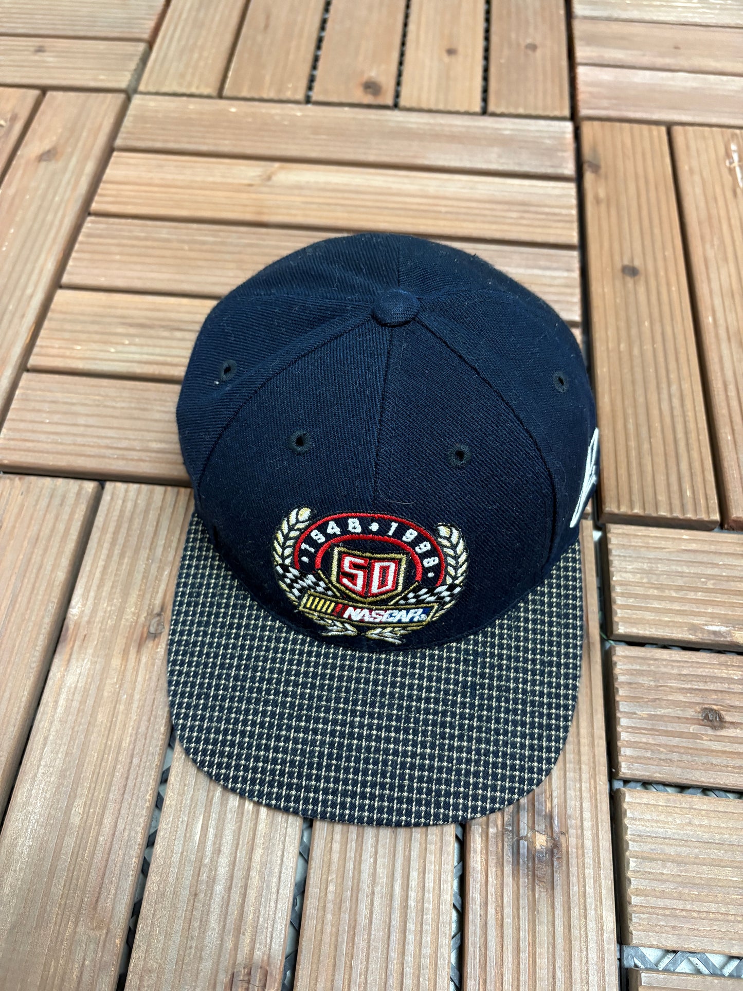 NASCAR 50th Anniversary Graphic Hat | Strap Back | Vintage 1990s Racing Black Cap |