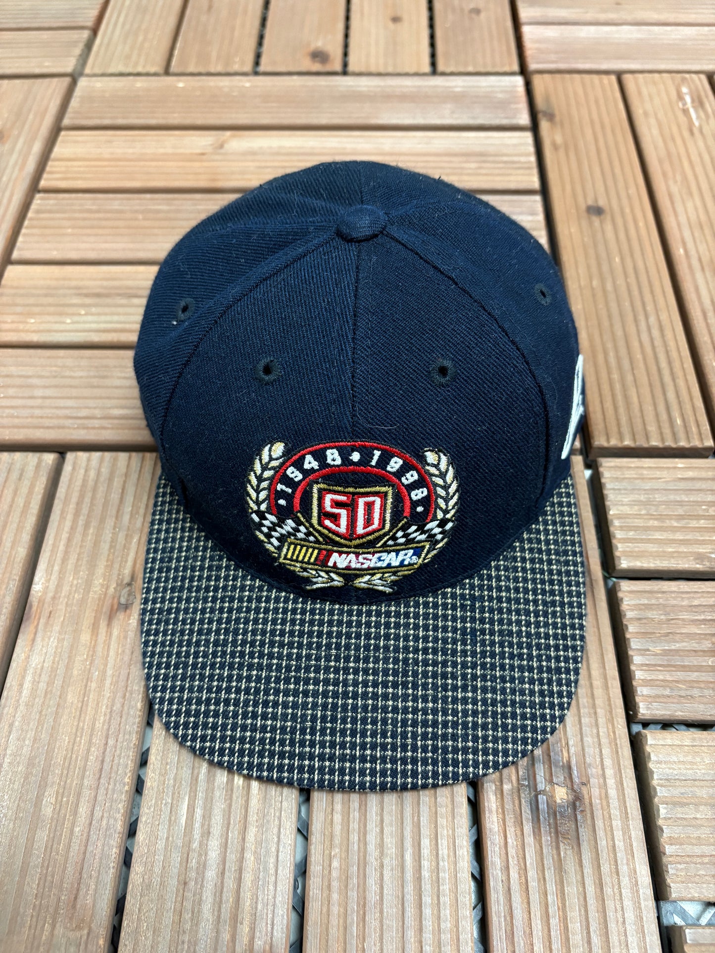 NASCAR 50th Anniversary Graphic Hat | Strap Back | Vintage 1990s Racing Black Cap |
