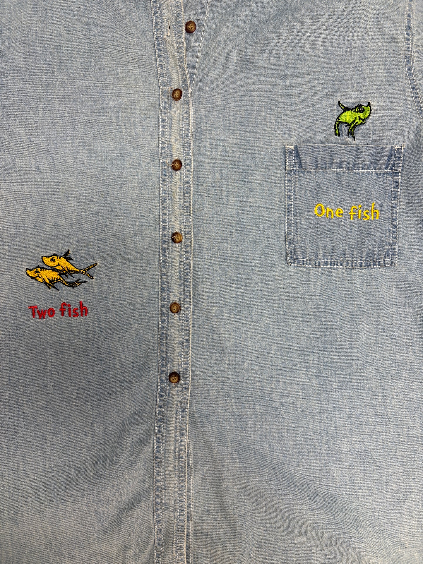 One Fish, Two Fish, Red Fish, Blue Fish Denim Jacket | Size XX-Large | Vintage 1990s Promotional Blue Jean Jacket |