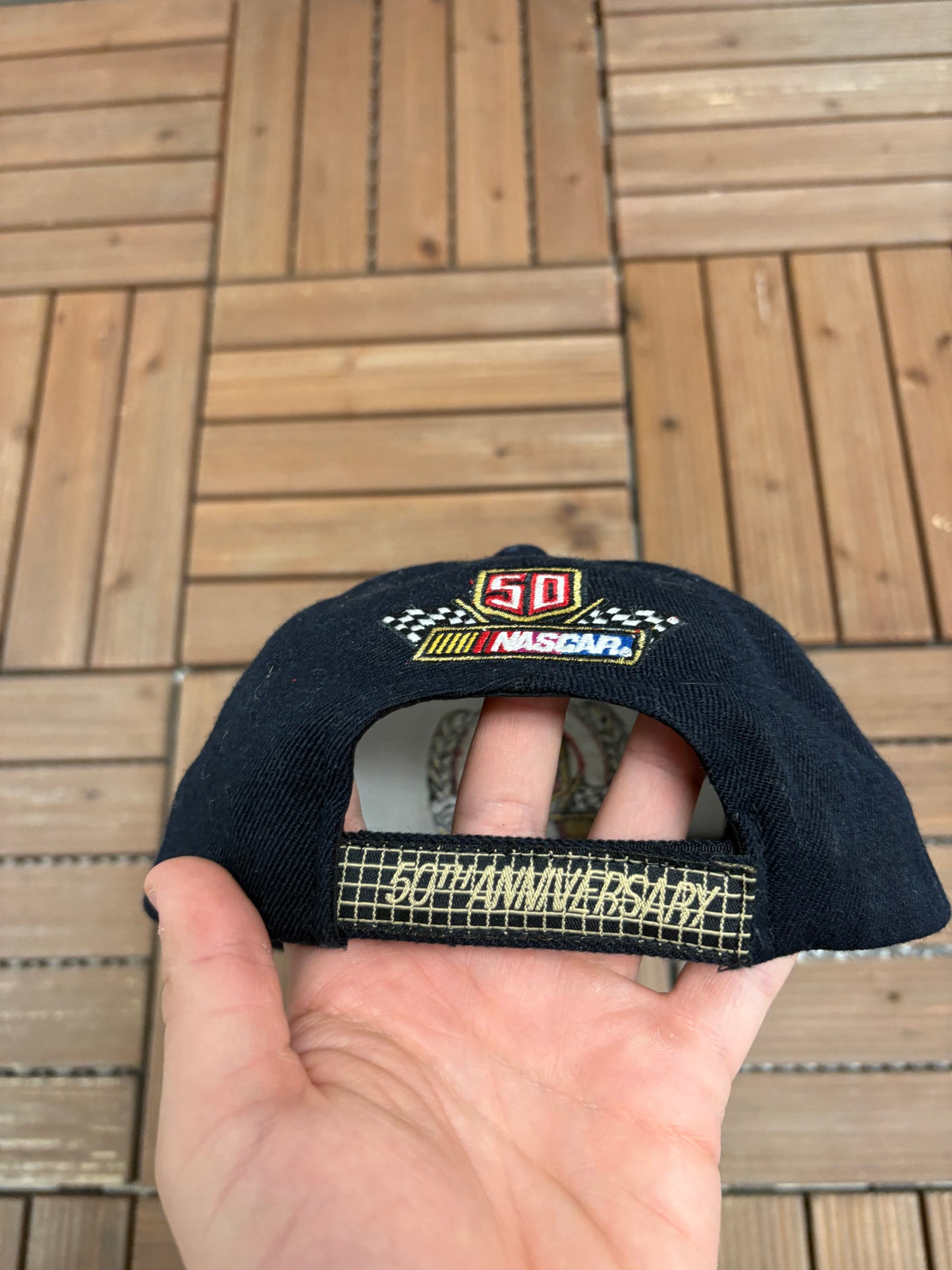 NASCAR 50th Anniversary Graphic Hat | Strap Back | Vintage 1990s Racing Black Cap |
