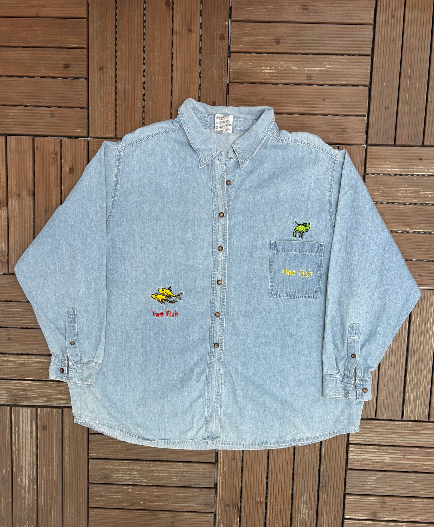 One Fish, Two Fish, Red Fish, Blue Fish Denim Jacket | Size XX-Large | Vintage 1990s Promotional Blue Jean Jacket |