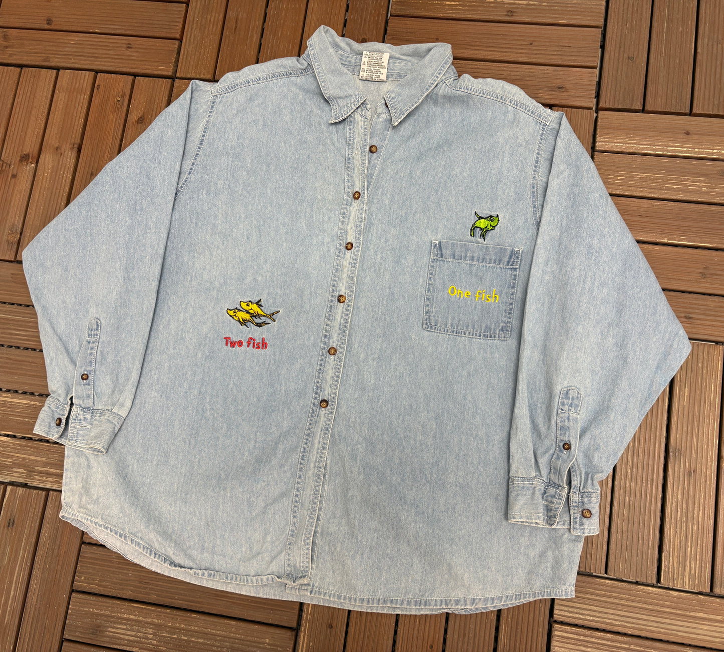 One Fish, Two Fish, Red Fish, Blue Fish Denim Jacket | Size XX-Large | Vintage 1990s Promotional Blue Jean Jacket |