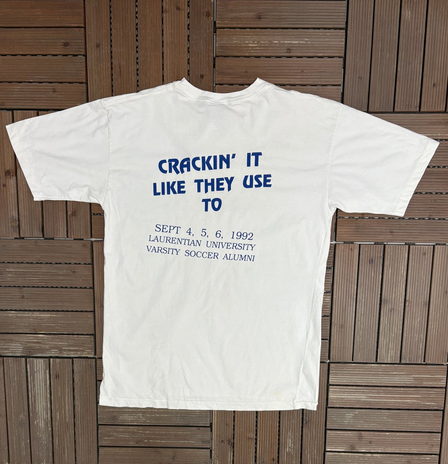 Crack It At Laurentian University Graphic Tee | Size X-Large | Vintage 1990s College White T-Shirt |
