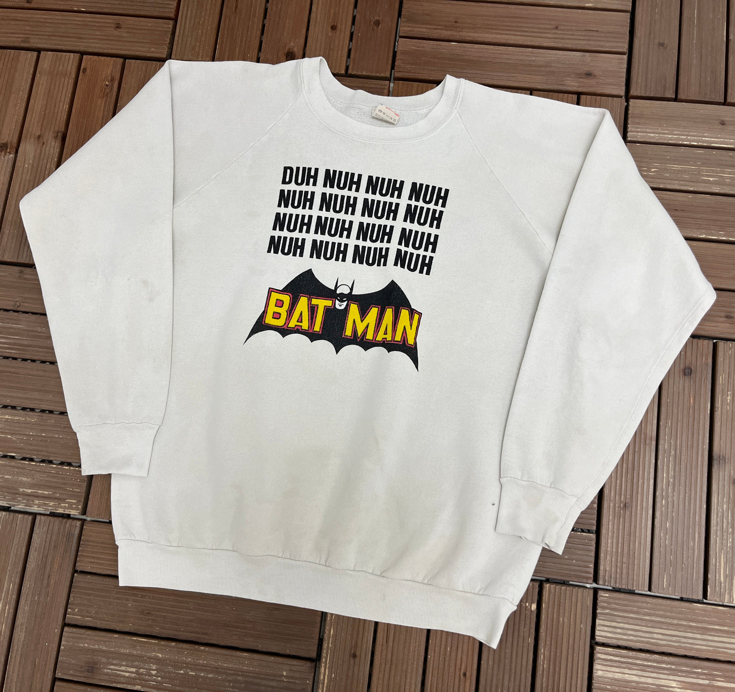 Batman Duh Nuh Nuh Nuh Graphic Crewneck | Size X-Large | Vintage 1980s DC Comics Promotional White Sweater |
