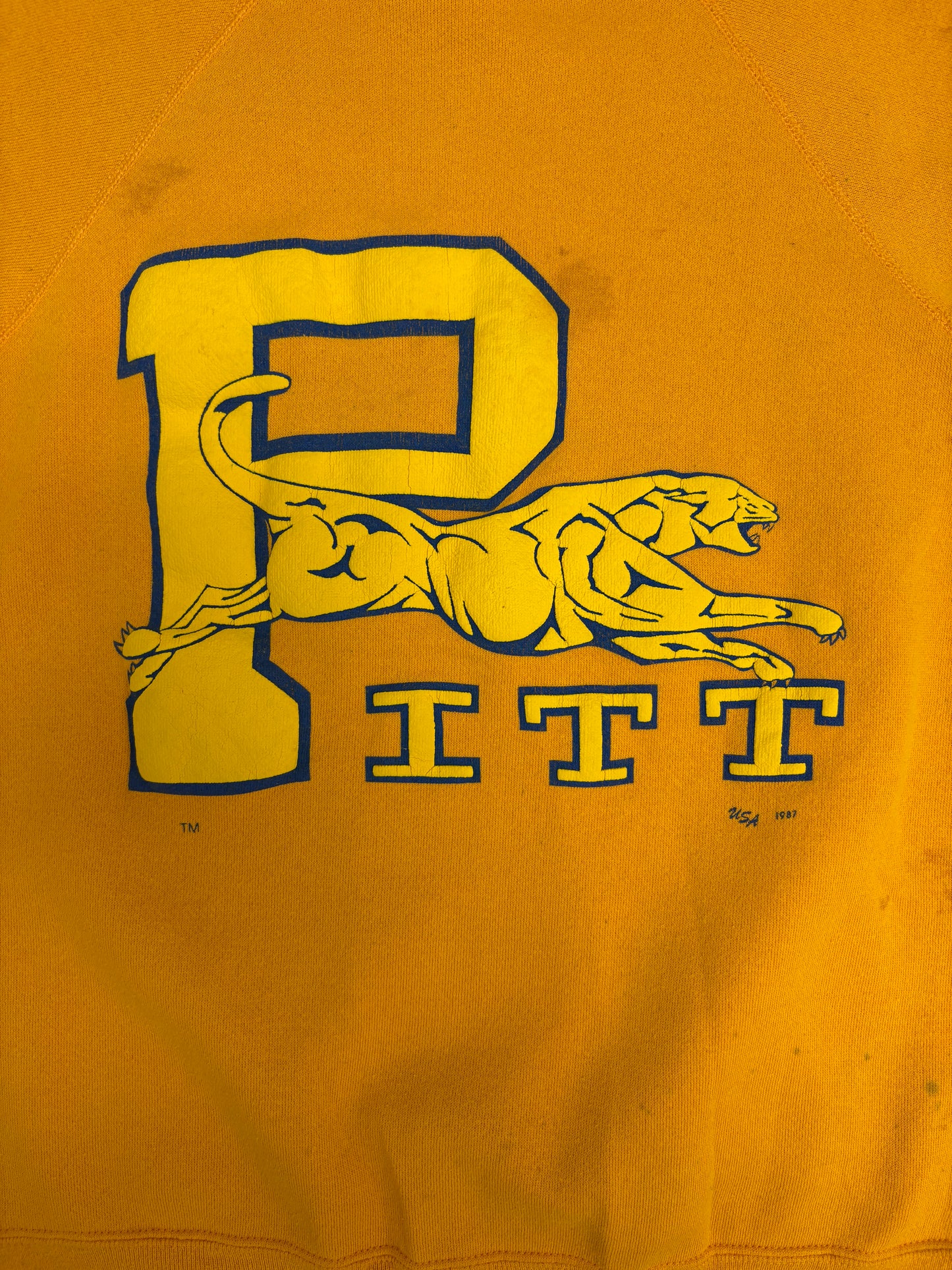 Pitt Panthers Graphic Crewneck | Size Large | Vintage 1980s College Yellow Sweater |