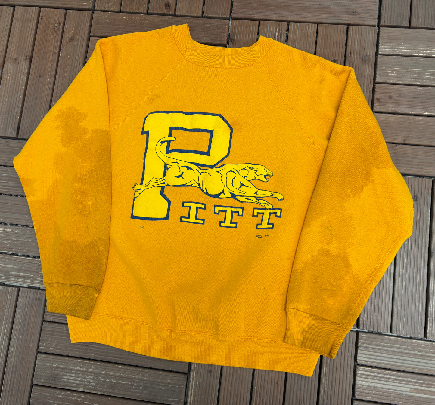 Pitt Panthers Graphic Crewneck | Size Large | Vintage 1980s College Yellow Sweater |